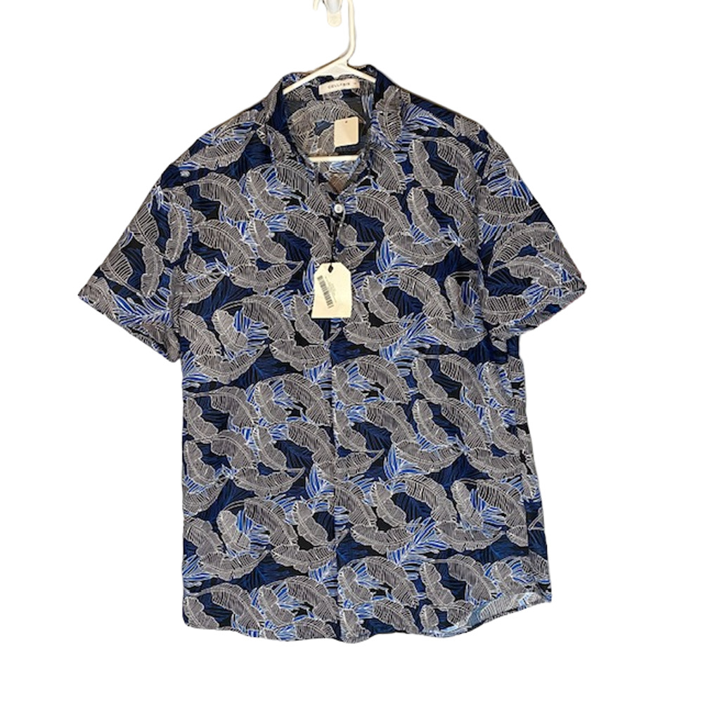 Cellabie Navy Blue Floral Cotton Blend Short Sleeve Button Front Shirt Men Sz XL